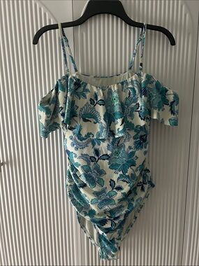 La Blanca Cream One-Piece Swimsuit with Teal and Blue Floral Print